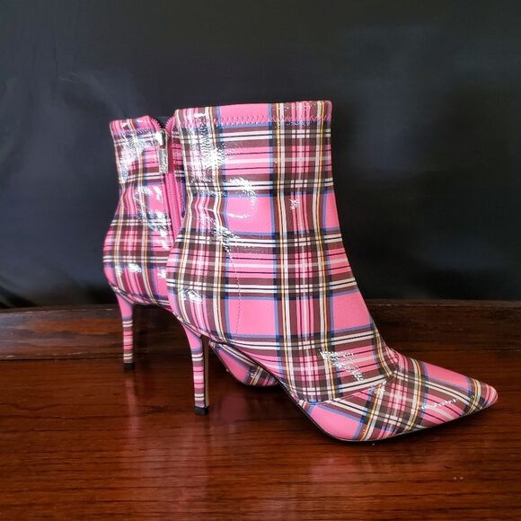 Jessica Simpson High Heel Ankle Boots Pink Plaid Size 6 - Picture 5 of 11